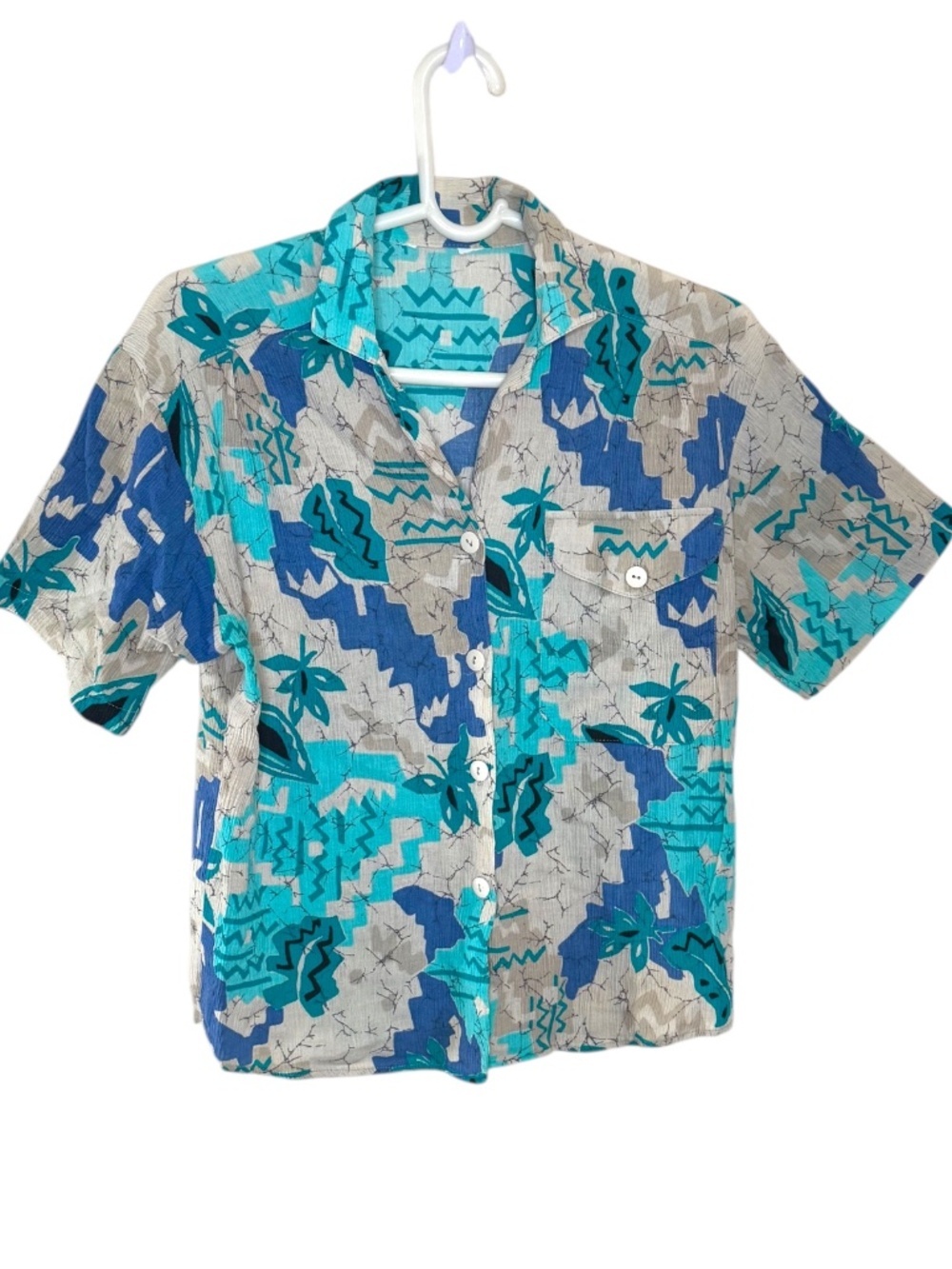 Vintage Abstract Tropical Button Front Blouse Blue Teal Beige Textured Size M